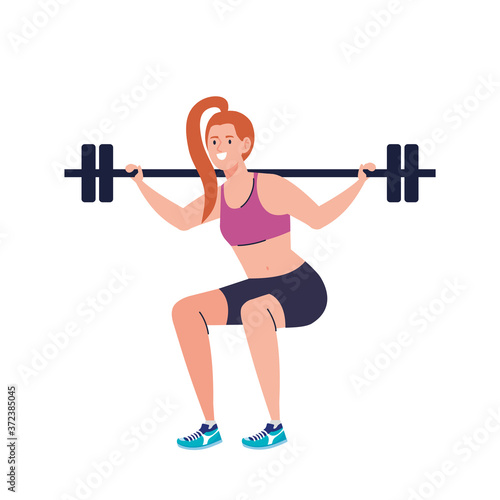 woman doing squats with weight bar, sport recreation exercise vector illustration design