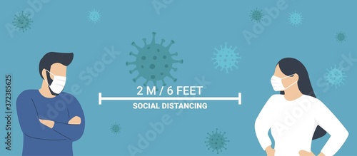 man and woman character wearing face mask maintain social distancing to prevent virus spreading and flu prevention, coronavirus, social isolation, self quarantine