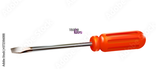 Red professional realistic slotted screwdriver with a plastic handle. Isometric 3d construction tool isolated on white background. Vector illustration. Cruciform for repair and construction.