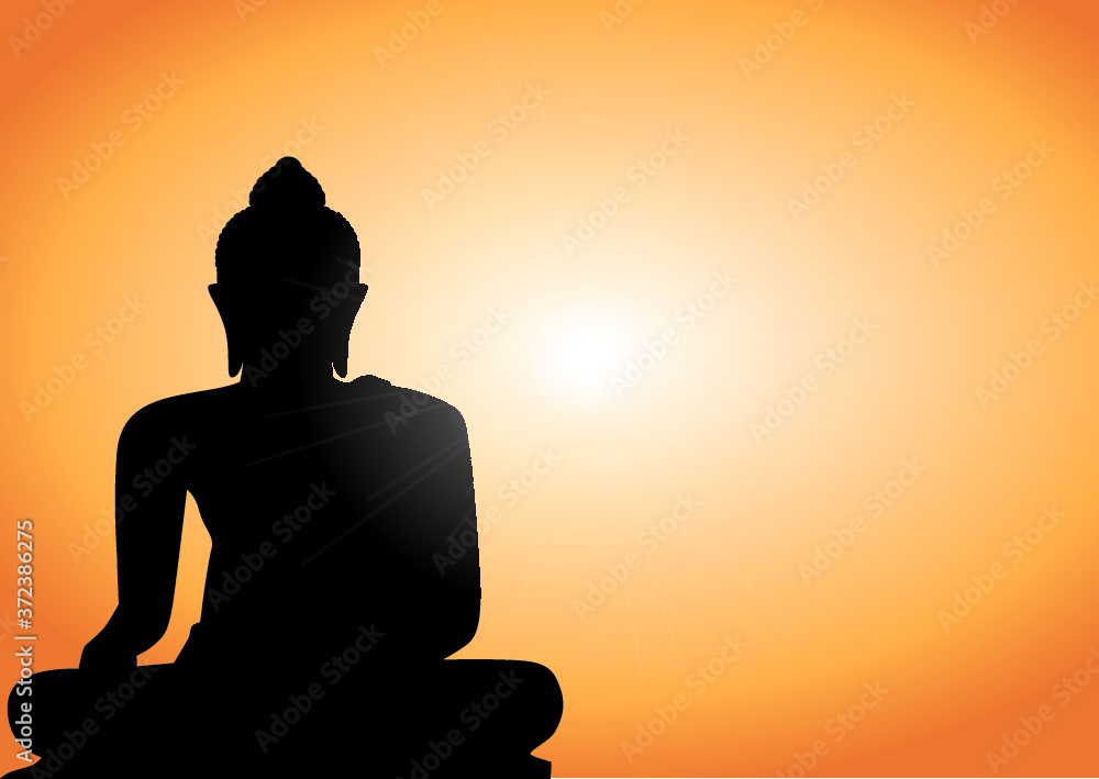 Magha Asanha Visakha Puja Day , Silhouette Buddha on golden sunset background. Vector illustration,