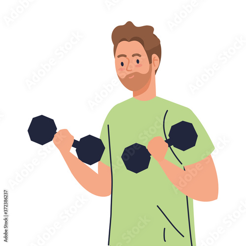 young man doing exercises with dumbbells, exercise sport recreation vector illustration design
