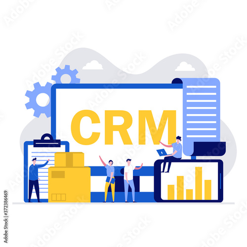 CRM software vector illustration concept with characters. Customer relationship management. Modern flat style for landing page, mobile app, poster, flyer, web banner, infographics, hero images.