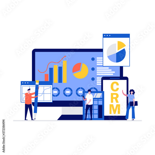 CRM software vector illustration concept with characters. Customer relationship management. Modern flat style for landing page, mobile app, poster, flyer, web banner, infographics, hero images