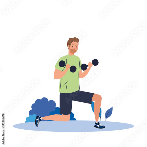 man practicing exercises with dumbbells outdoor, exercise sport recreation vector illustration design