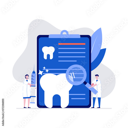 Dentistry examination vector illustration concept with doctor dentist, nurse and a big tooth. Modern flat style for landing page, mobile app, poster, flyer, web banner, infographics, hero images