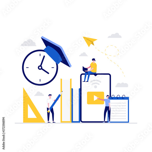 Distance education technology vector illustration concept. Students study online in university or college campus. Modern vector illustration in flat style for landing page, mobile app, hero images
