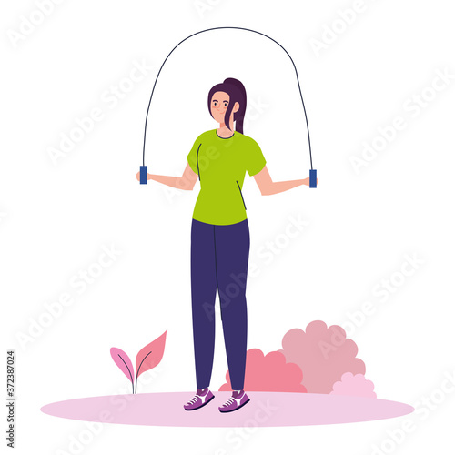 woman jumping rope outdoor, sport recreation exercise vector illustration design