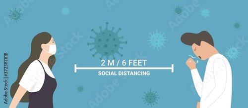 man and woman character wearing face mask maintain social distancing to prevent virus spreading and flu prevention, coronavirus, social isolation, self quarantine