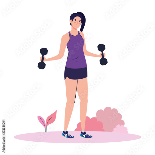 young woman doing exercises with dumbbells outdoor, sport recreation exercise vector illustration design