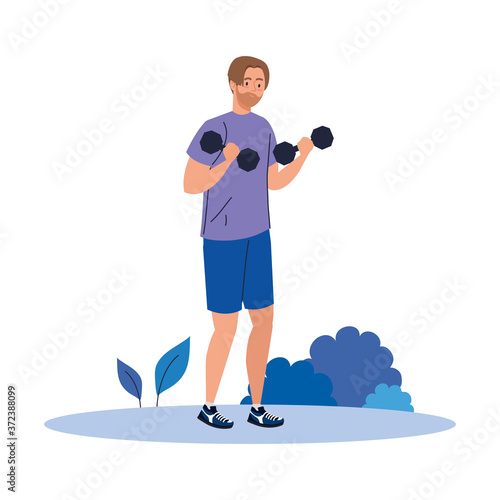 man practicing exercises with dumbbells outdoor, recreation exercise sport vector illustration design
