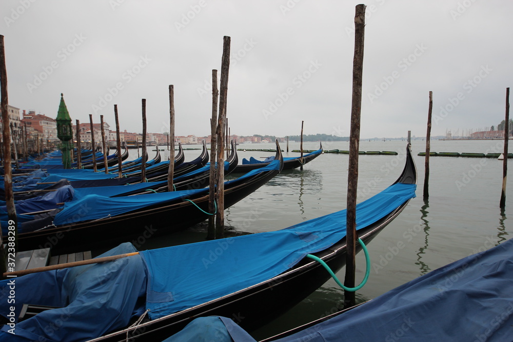 Gondolas, early morning, Venice, Italy.