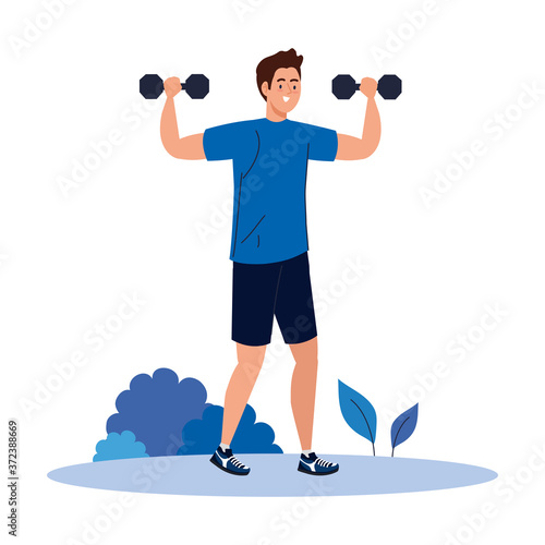 man practicing exercises with dumbbells outdoor, recreation sport vector illustration design