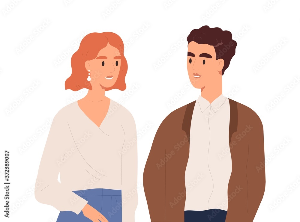 Young couple having friendly conversation vector flat illustration. Smiling man and woman talking together isolated on white. Portrait of happy people looking to each other enjoying communication Young couple having friendly conversation vector flat illustration. Smiling man and woman talking together isolated on white. Portrait of happy people looking to each other enjoying communication