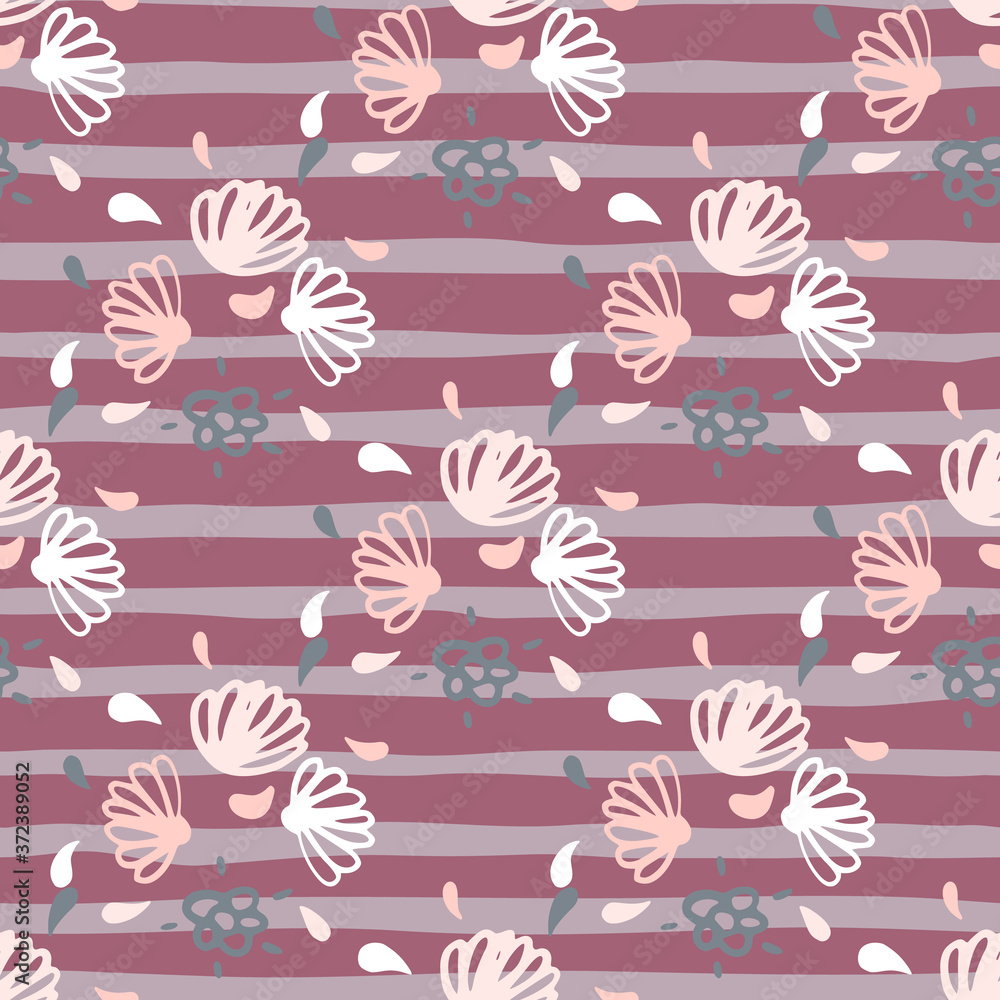 Simple flower seamless pattern. Hand drawn outline doodle ornament in white and pink colors on stripped lilac background.