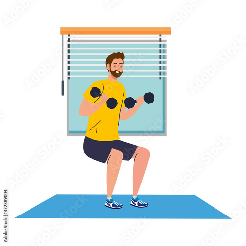 man doing squats with dumbbells in the house, exercise sport recreation vector illustration design