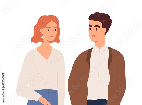 Young couple having friendly conversation vector flat illustration. Smiling man and woman talking together isolated on white. Portrait of happy people looking to each other enjoying communication