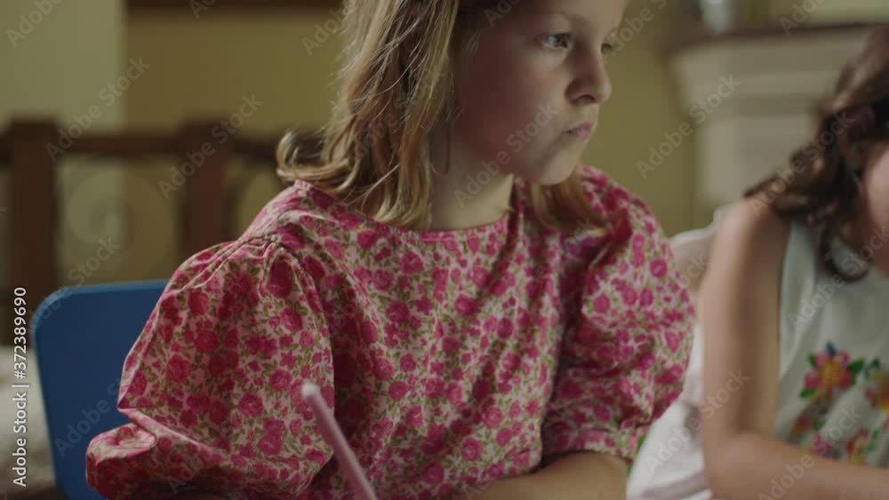Young girls attends a remote online class with a laptop computer at home. Young girls attends a remote online class with a laptop computer at home.
