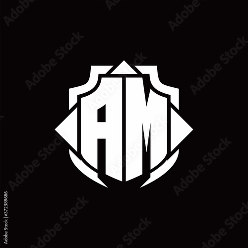AM logo monogram with shield line and 3 arrows shape design template