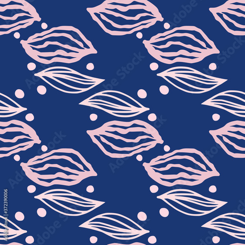 Pink contoured leaves silhouettes seamless pattern. Hand drawn floral elements on navy blue background with dots.