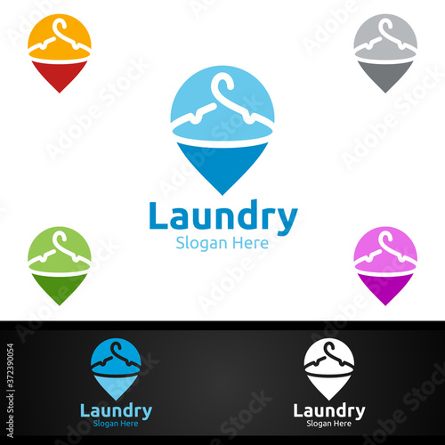 Pin Laundry Dry Cleaners Logo with Clothes, Water and Washing Concept