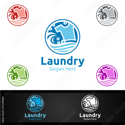 Laundry Dry Cleaners Logo with Clothes, Water and Washing Concept