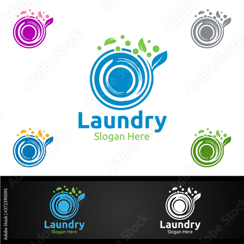 Laundry Dry Cleaners Logo with Clothes, Water and Washing Concept