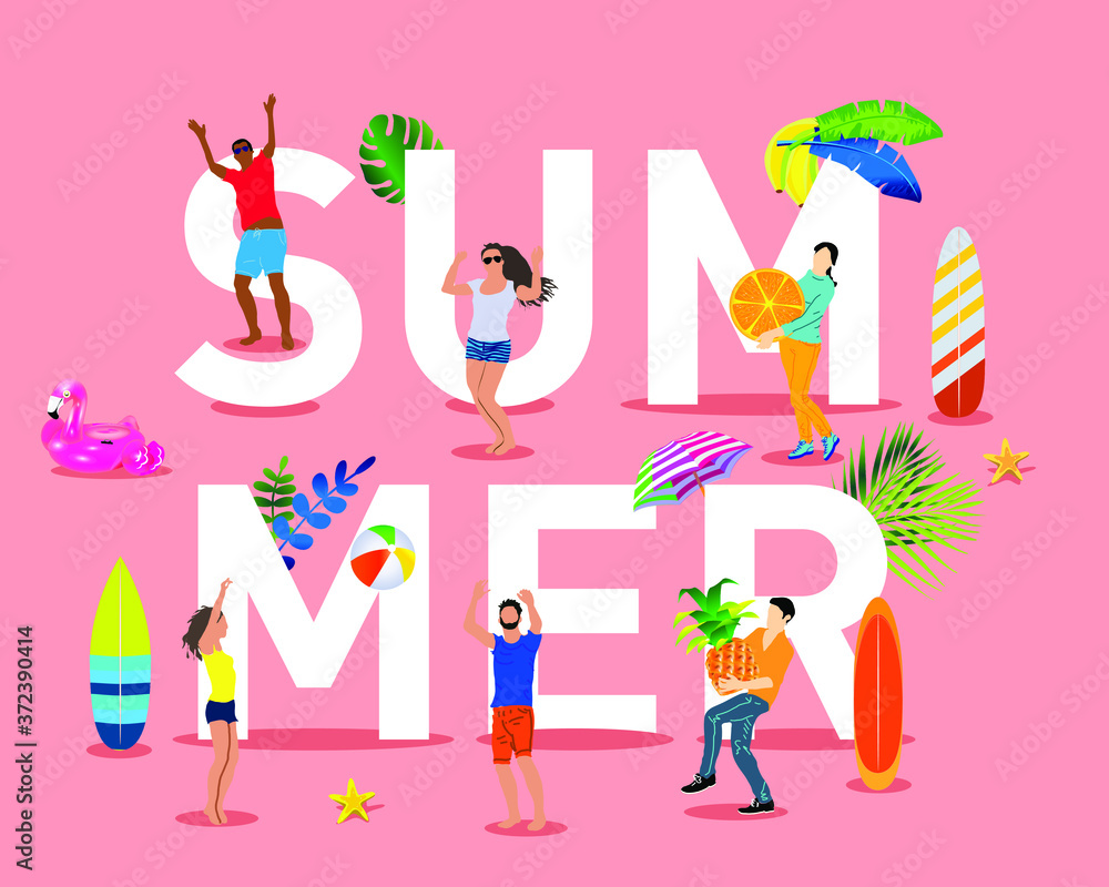 Vector illustration with summer background. Young people enjoy the summer and play among themselves, eat tropical fruits Vector illustration with summer background. Young people enjoy the summer and play among themselves, eat tropical fruits