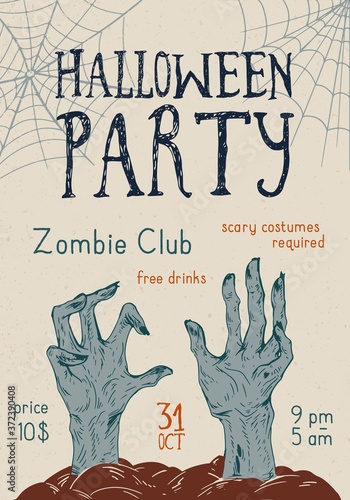 Halloween theme party promo poster vector illustration. Colorful advertising of All saints day event with place for text isolated. Realistic zombie hands from grave with web and design elements