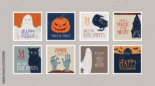 Set of different hand drawn Halloween greeting cards vector illustration. Collection of postcards with symbols and lettering congratulation to All saints day isolated. Autumn seasonal holiday