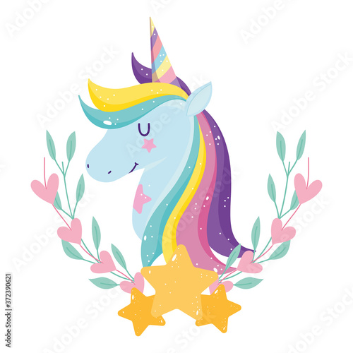 unicorn with rainbow hair flowers stars decoration fantasy cartoon