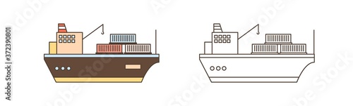 Colorful and monochrome icon set of cargo ships with crane and containers in line art style. Sea watercrafts carrying and loading goods vector illustration. Freight vessels with winches isolated