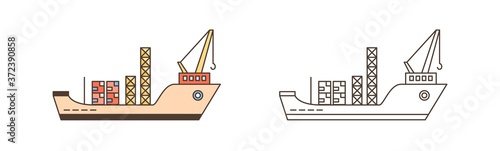 Color and monochrome cargo ships with containers and crane vector illustration in line art style. Set of freight vessels or transportation isolated. Shipment and loading international service