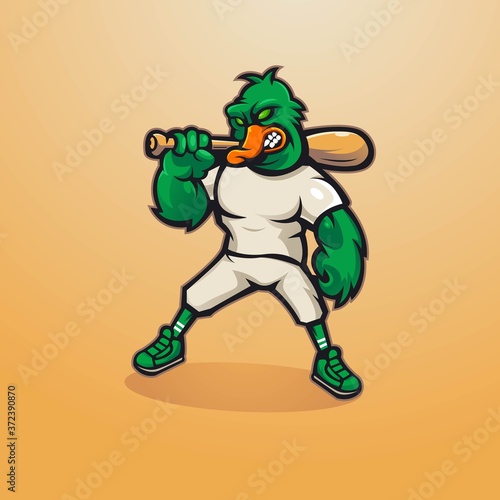 Duck mascot logo design vector with modern illustration concept style for badge, emblem and t shirt printing. Duck carries a baseball stick