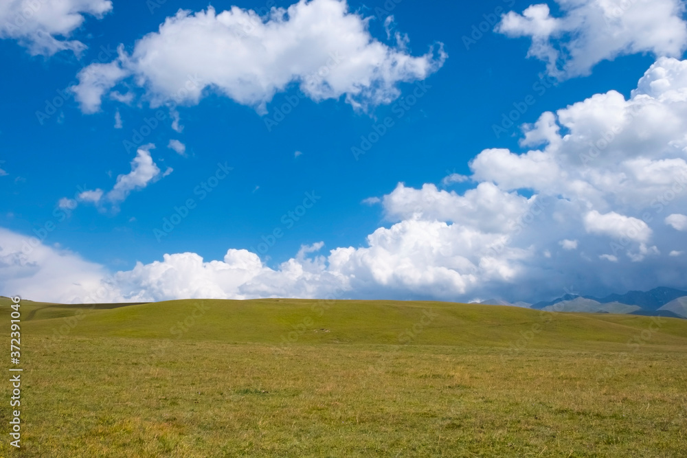 Beautiful green mountain valley with blue cloudy sky on background. Spring farm field landscape. Outdoor landscape. Sunset light. Mountain valley view. Summer nature landscape. Rural scenery. Beautiful green mountain valley with blue cloudy sky on background. Spring farm field landscape. Outdoor landscape. Sunset light. Mountain valley view. Summer nature landscape. Rural scenery.