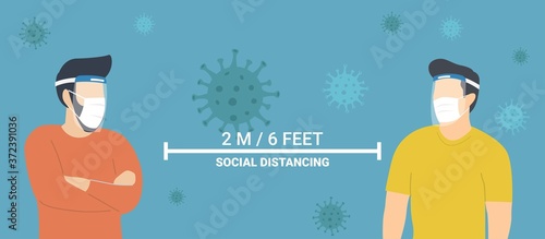 man character wearing surgical mask and face shield maintain social distancing to prevent virus spreading, flu prevention, coronavirus, social isolation, self quarantine