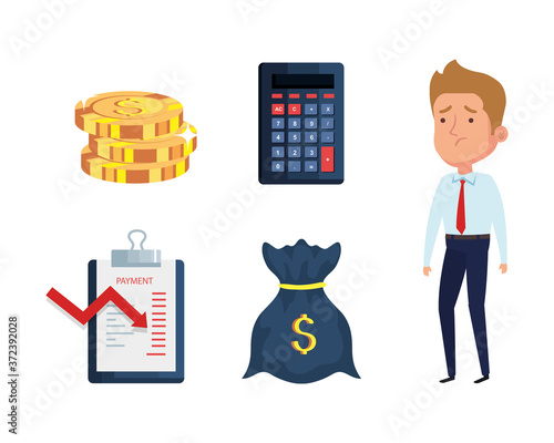 businessman and icons of bankruptcy financial crisis vector illustration design