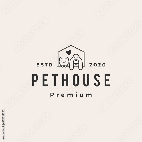 dog cat pet house hipster vintage logo vector icon illustration
