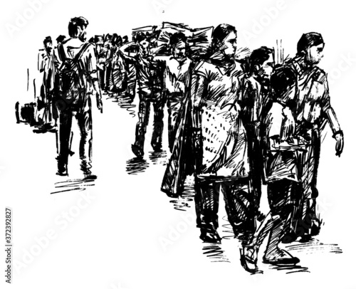 Drawing of the local people are walking at market in India hand draw 