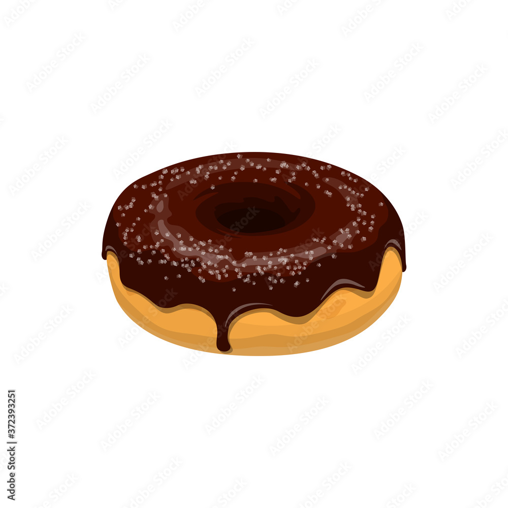 Donut with chocolate topping isolated. Vector doughnut cake with brown glaze and sugar Donut with chocolate topping isolated. Vector doughnut cake with brown glaze and sugar