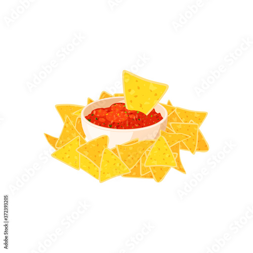 Nachos and chili pepper salsa vector isolated icon. Mexico nachos chips fast food snack