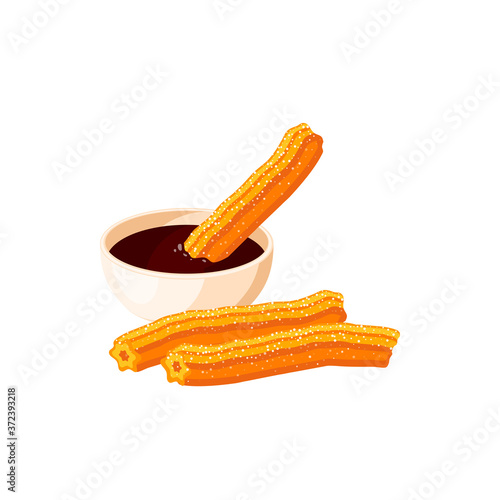 Churros and chocolate dip vector isolated icon. Mexico churro pastry sweet dessert food