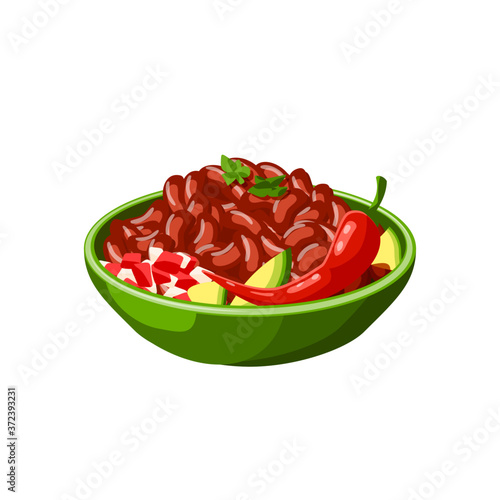 Mexican chili beans dish vector isolated icon. Mexico traditional chilli pepper and beans food
