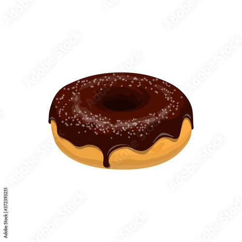 Donut with chocolate topping isolated. Vector doughnut cake with brown glaze and sugar