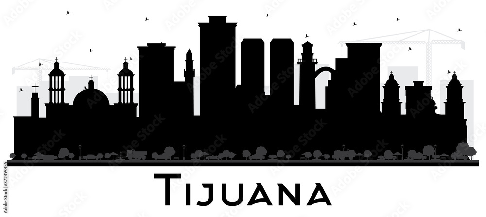 Tijuana Mexico City Skyline Silhouette with Black Buildings Isolated on White.