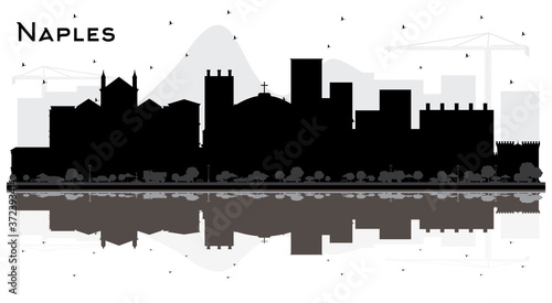 Naples Italy City Skyline with Black Buildings and Reflections Isolated on White.