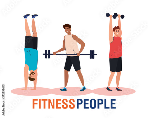 banner fitness people, young men doing exercises, sport recreation exercise vector illustration design