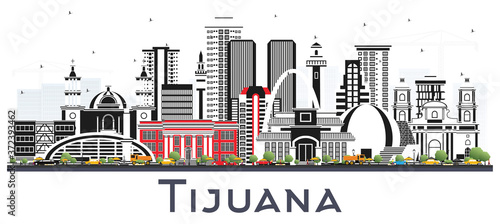Tijuana Mexico City Skyline with Color Buildings Isolated on White.