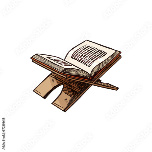 Open Quran book on stand isolated holy Koran sketch. Vector Muslim religion symbol, religious text of Islam