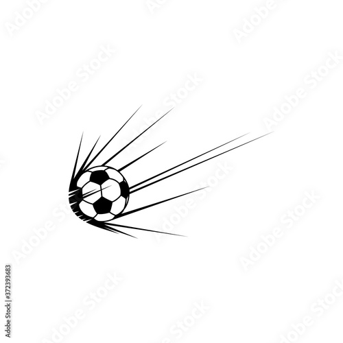 Soccer ball in move, football sport mascot isolated icon. Vector flying soccer ball championship competition of world, college school tournament symbol. Monochrome ball leaves trail sporting equipment