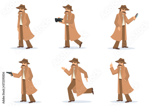 Private detective set. Investigator in different actions and poses, inspector with moustache wearing coat and hat, taking picture, aiming gun. For investigation, shadowing, mystery concept